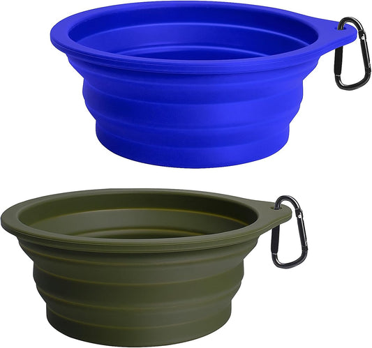 2-Pack Silicone Collapsible Dog Bowls, BPA Free Dishwasher Safe, Portable Foldable Expandable Travel Bowl, Food Water Feeding Cup Dish for Dogs Cats with 2 Carabiners (Army Green, Blue)