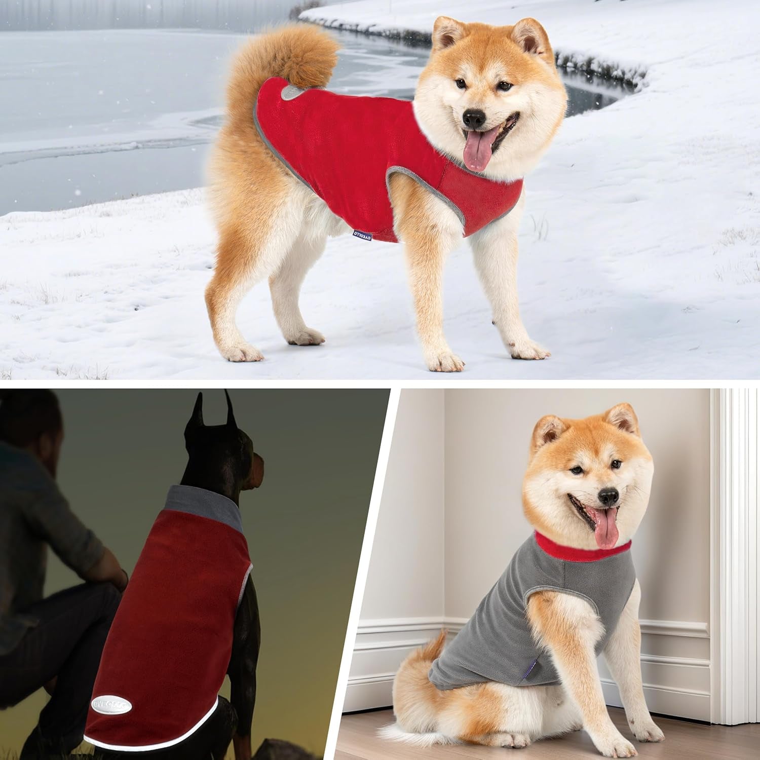 2 Pack Dog Fleece Sweater Stretchy Sweatshirt with Reflective Stripe Pullover Soft Jacket Pet Clothes Dog Sweaters for Small Dogs, Red & Grey M